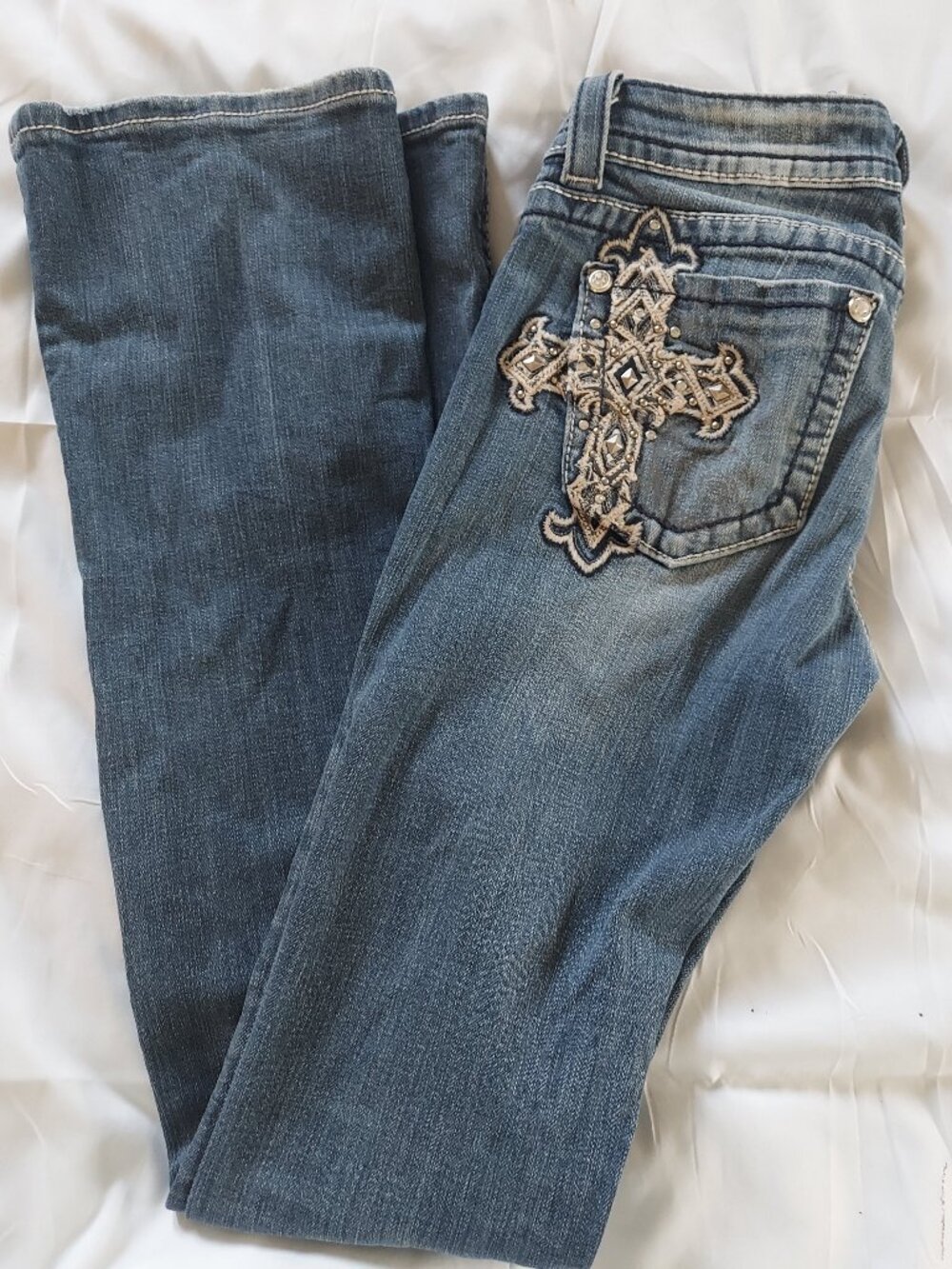 Miss Me Easy Boot Cross Rhinestone Jeans 25 x 37 Long Western